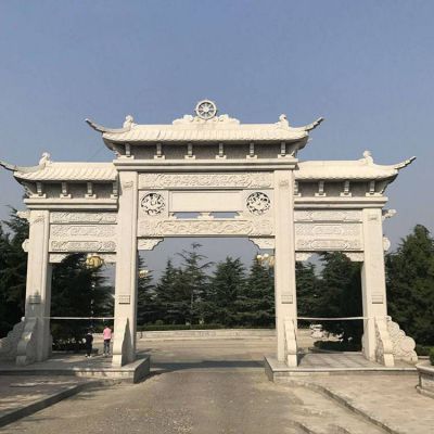 景區墓園入口擺放大理石雕刻仿古建筑三門(mén)石牌坊