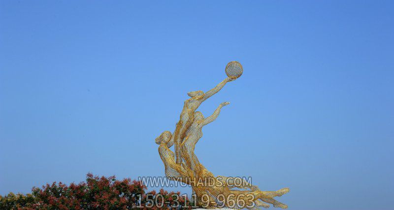 鏤空不銹鋼打籃球的女孩公園景觀(guān)雕塑