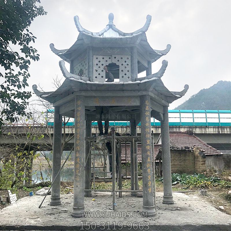 鄉鎮景觀(guān)青石仿古鏤空休息納涼涼亭雕塑