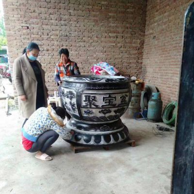 庭院青石做舊浮雕荷花花紋養魚(yú)水缸花盆