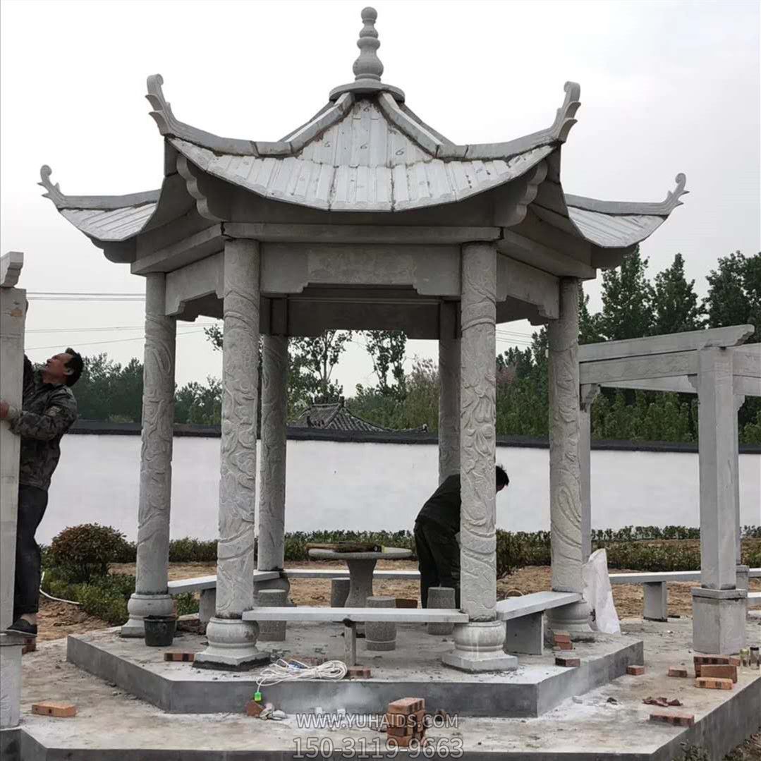 公園庭院擺放仿古建筑六角雕刻長(cháng)廊休閑涼亭雕塑