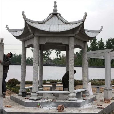 公園庭院擺放仿古建筑六角雕刻長(cháng)廊休閑涼亭