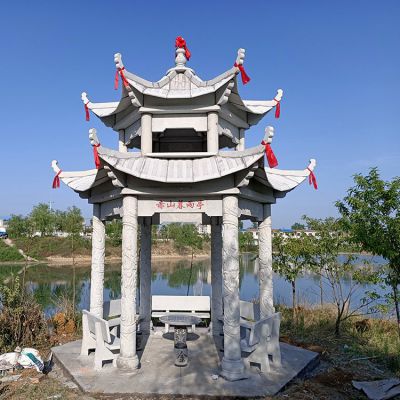 園林戶(hù)外擺放青石仿古建筑二層休息涼亭