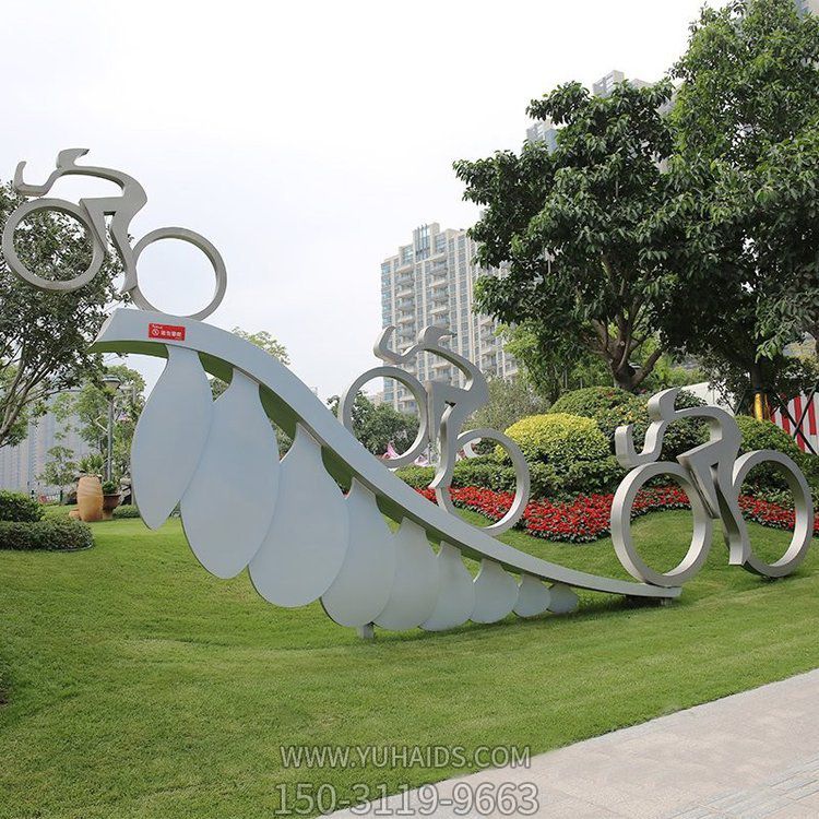 公園草地不銹鋼抽象騎車(chē)運動(dòng)人物雕塑