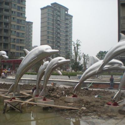 鏡面海洋動物雕塑戶外城市擺件 園林景觀小品海豚不銹鋼雕塑