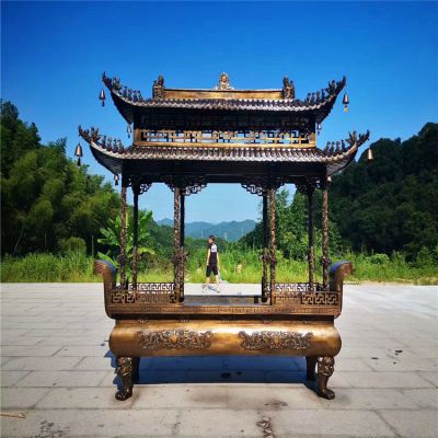 寺廟景觀(guān)鏤空浮雕龍柱鑄銅多層寶鼎香爐