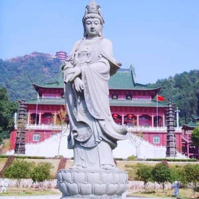 漢白玉雕刻三面觀(guān)音菩薩寺廟佛像雕塑擺件