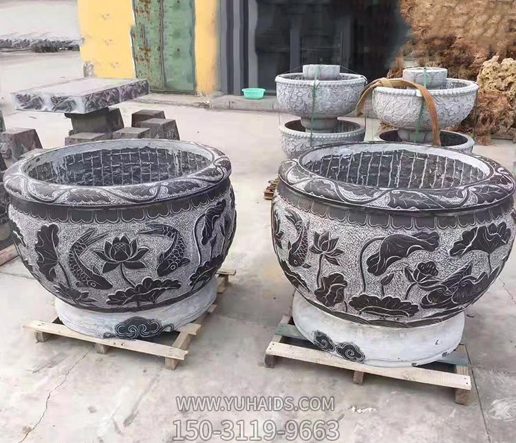 庭院鯉魚(yú)荷花水缸景觀(guān)石雕缸雕塑