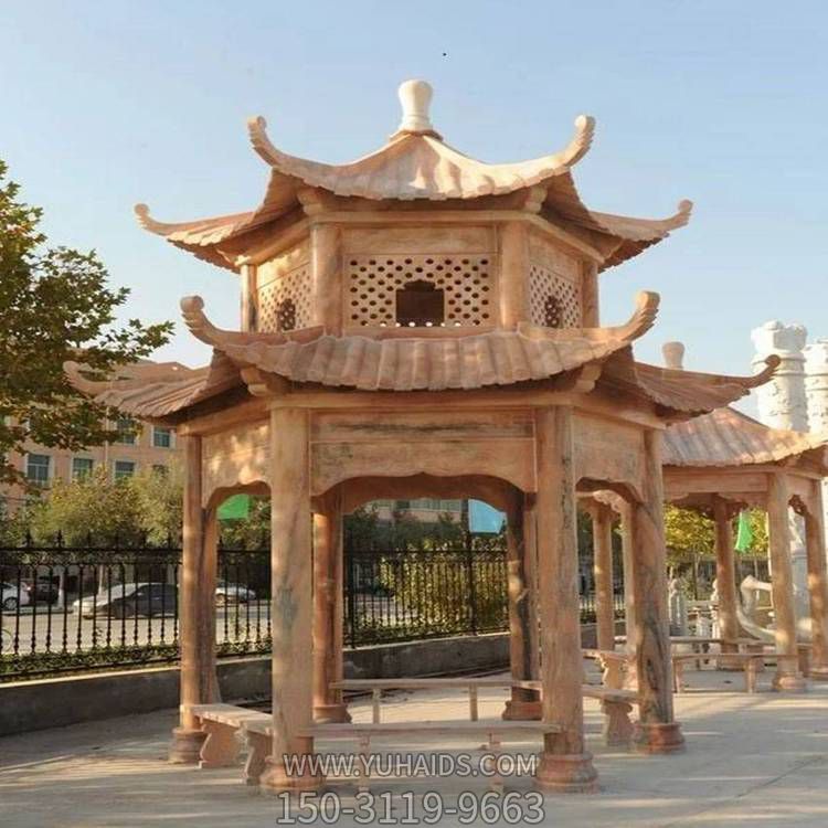  公園 古建休閑石雕亭子晚霞紅戶(hù)外石涼亭 精雕單層六角涼亭雕塑