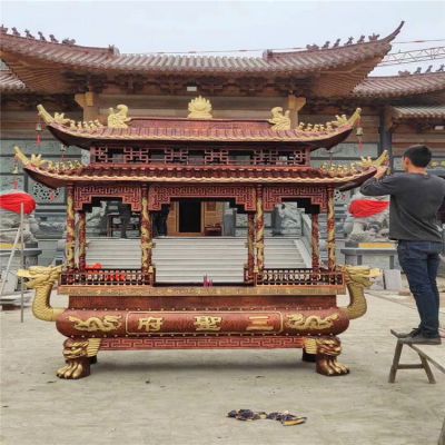 景區寺廟大殿門(mén)前擺放鑄銅八柱燒香香爐擺件