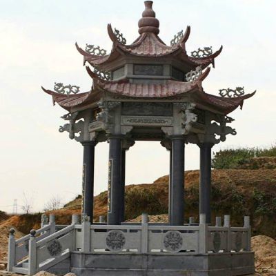 青石雕刻仿古建筑園林戶(hù)外擺放六角二層涼亭