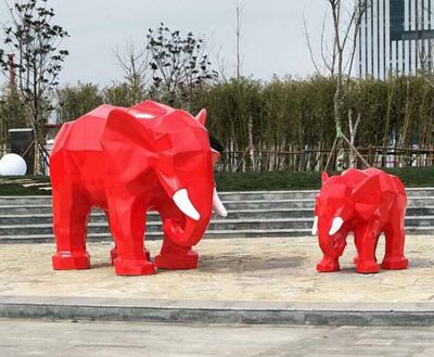 公園景區大象景觀(guān)玻璃鋼彩繪紅色幾何大象雕塑