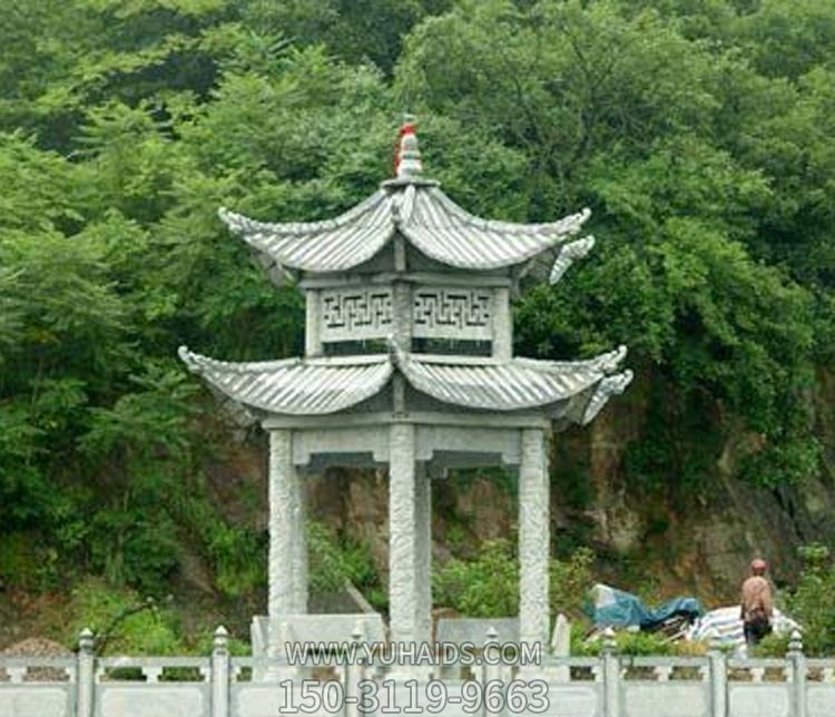 鄉村河道邊擺放鏤空雕刻青石仿古建涼亭雕塑