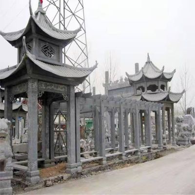 青石雕刻仿古建筑二層頂中式?jīng)鐾らL(cháng)廊花架公園小區擺件