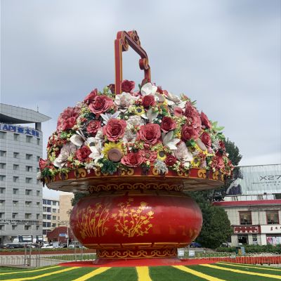 玻璃鋼彩繪國(guó)慶花卉戶外廣場(chǎng)大型花籃雕塑